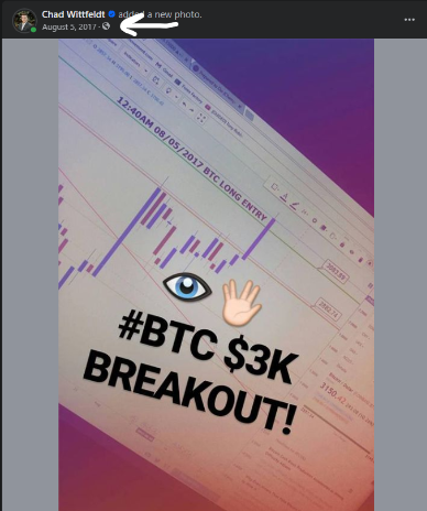 Chad Wittfeldt's August 2017 Facebook post calling the bitcoin $3,000 breakout