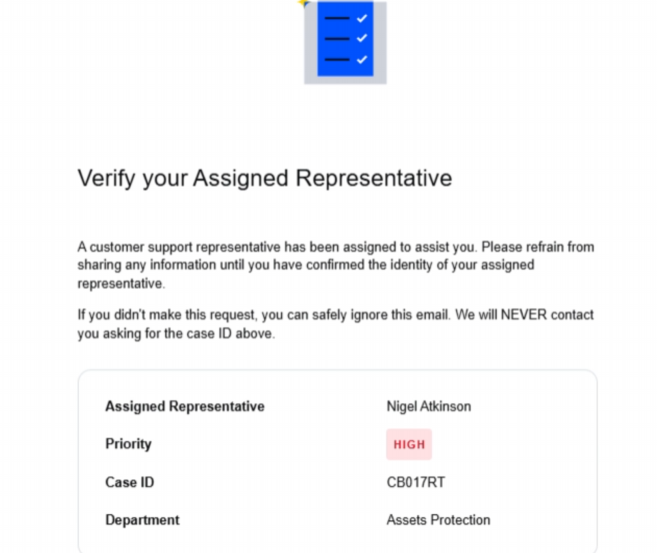 The first email from the fake exchange support call: a "Verify your Assigned Representative" message with a case ID and a request to confirm a verification code
