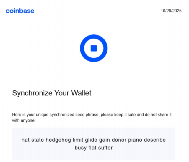 The follow-up email from the same impersonators, sending a recovery seed phrase they generated to "synchronize" a new wallet