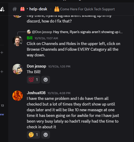 The Mastermind help desk on Discord, with coach Bill answering a member's setup question about which channels to follow