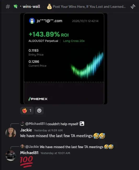 The Mastermind wins wall on Discord, where members post closed positions, and the losses they learned from, for the group to see