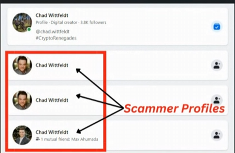Impersonator profiles using Chad Wittfeldt's name and photos, built to message strangers about an "inner circle"