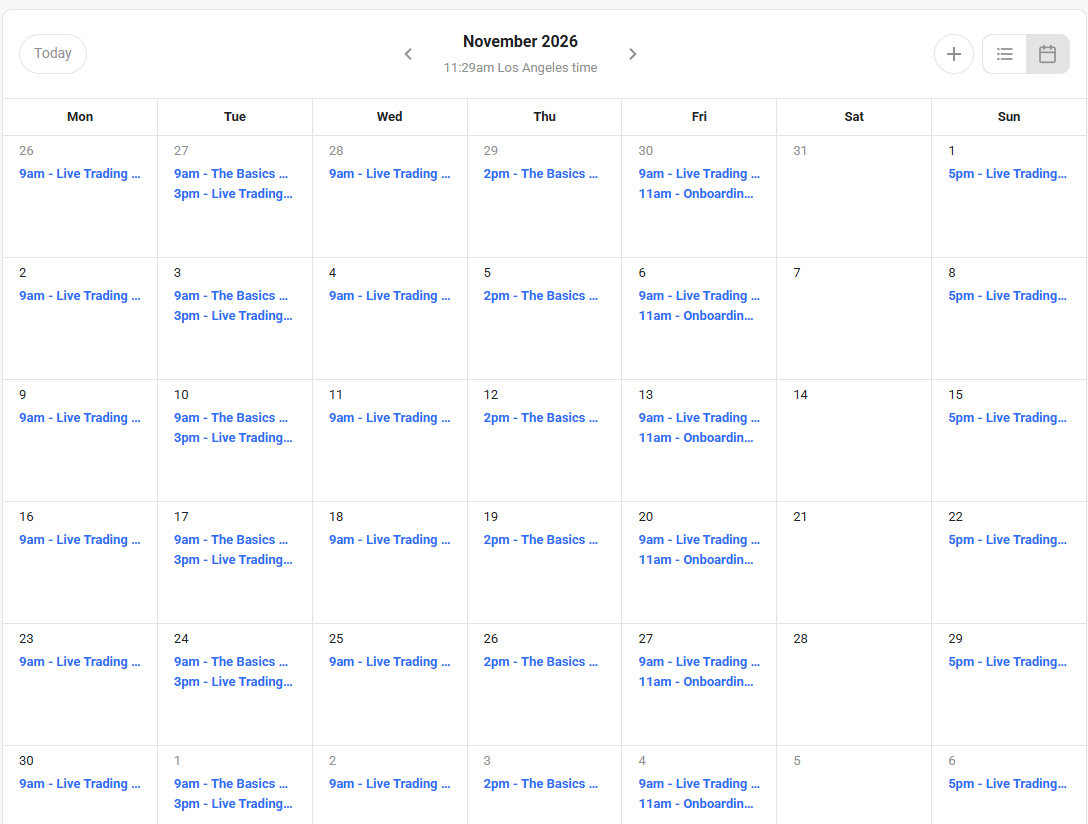 The live session calendar inside the Mastermind, showing a little over 18 hours of live trading sessions scheduled across one week