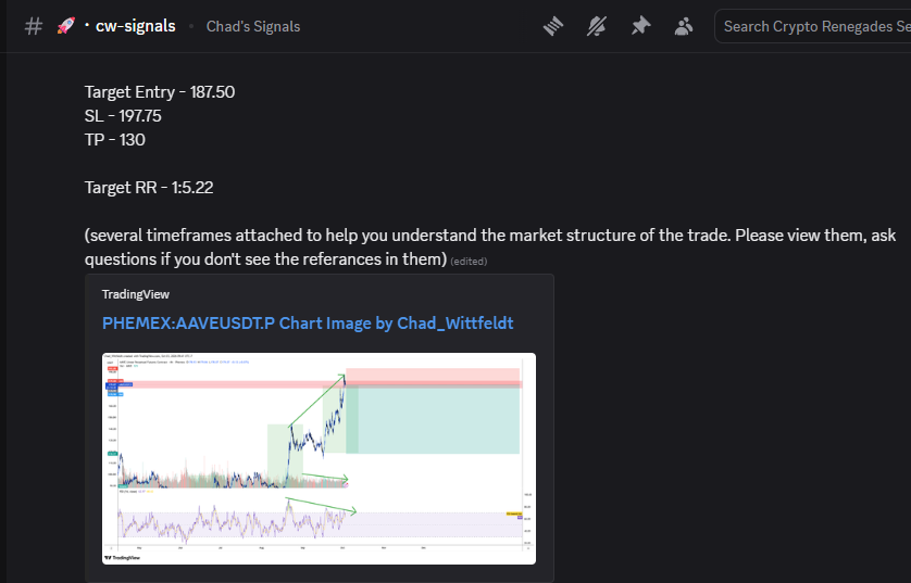 Chad Wittfeldt's trade signal in the Mastermind Discord, with the entry, stop loss, take profit and risk to reward written out above the TradingView chart