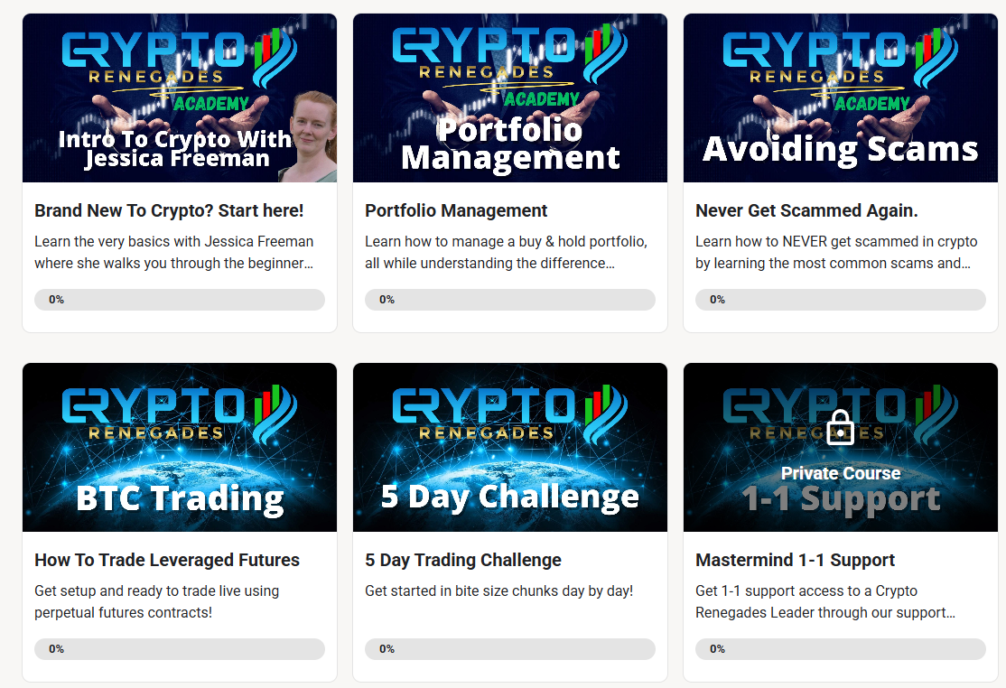 The course library inside the Crypto Renegades Skool Community, with each course shown as its own module